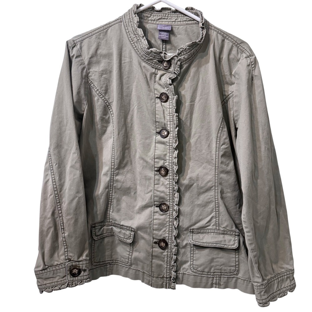 Laura Scott Petite Olive Ruffle Trim Button Front‎ Utility Jacket XLP Peplum Fit